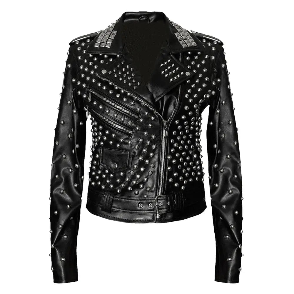 Womens Black Studded Brando Leather Jacket