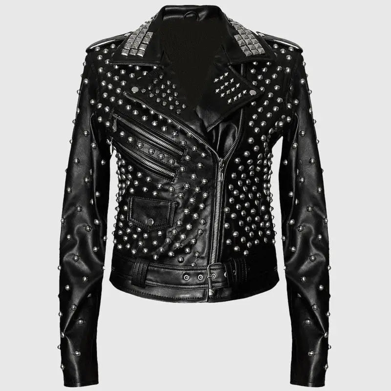Womens Black Studded Brando Leather Jacket